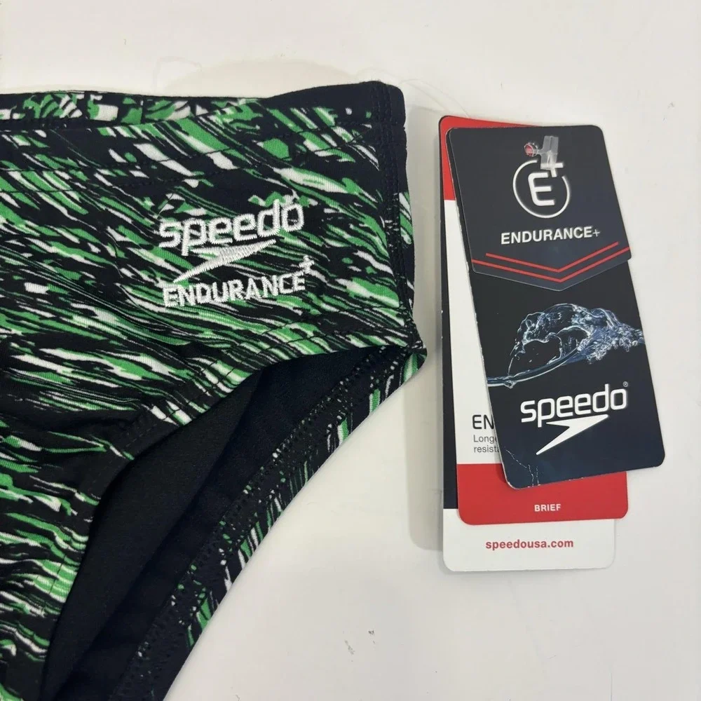 NWT Speedo Endurance+‎ Swim Brief Bottom Boys 26 / 10 Green Black Swim Suit